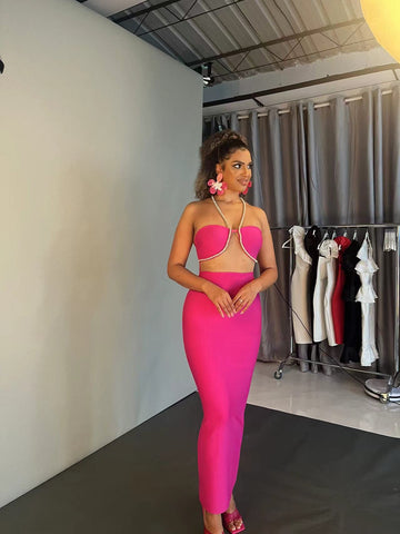 A Diamond Chain Hanging Neck Dress Sexy Breast-Wearing Hips Women's Bandage Evening Dress